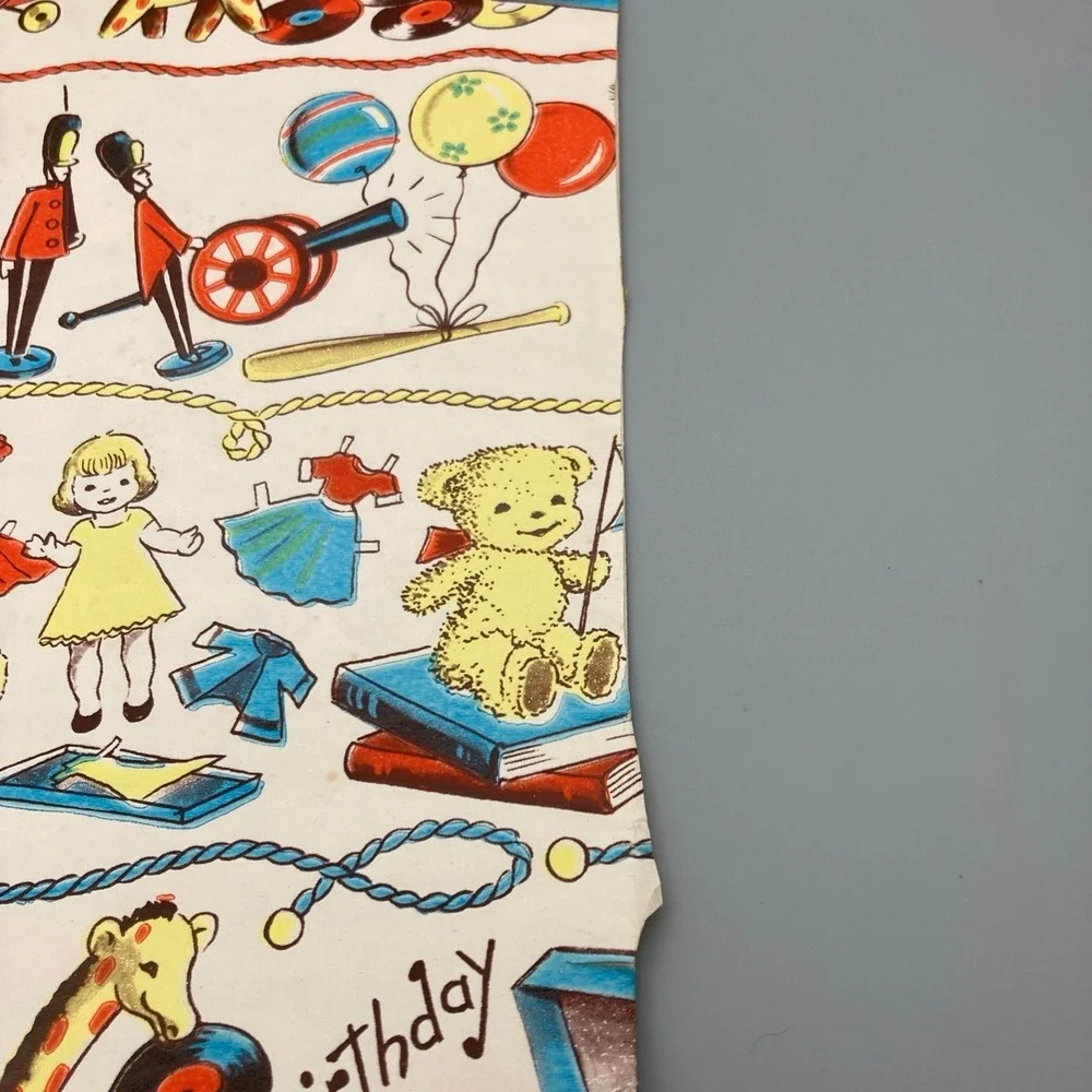 Vintage Child's Birthday Partial Sheet of Paper Gift Wrap Doll Soldier Balloons